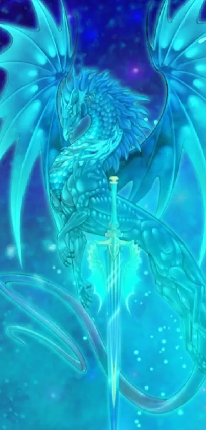 Mystical blue dragon artwork with cosmic background.