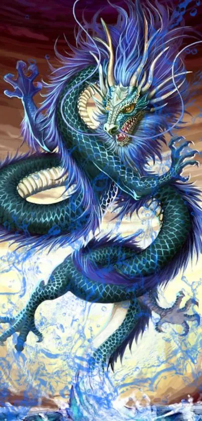 Intricate blue dragon illustration with vibrant details and mystical aura on phone wallpaper.