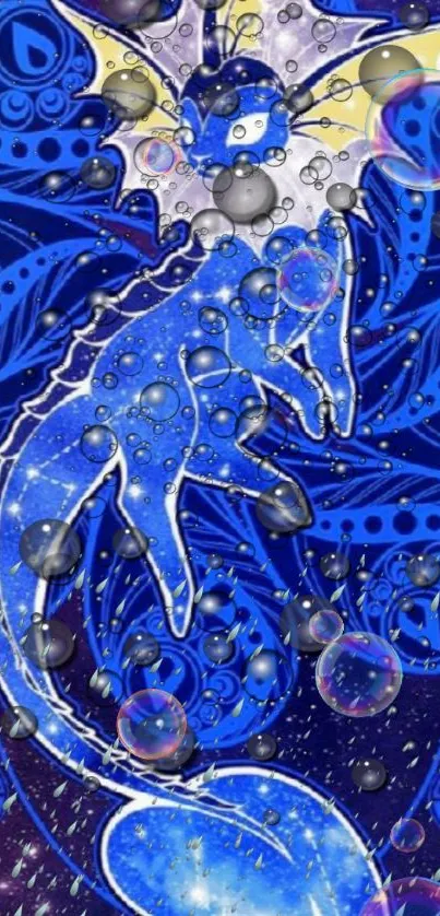 Colorful, mystical blue dragon with bubbles design wallpaper.