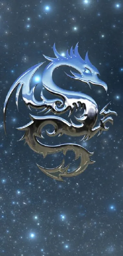 Mystical blue dragon in starry night sky wallpaper.