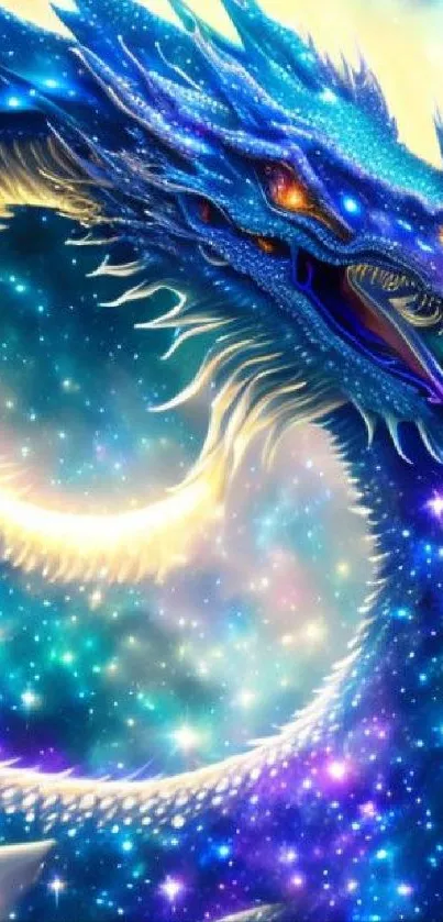 A celestial blue dragon spirals through a starry galaxy night.