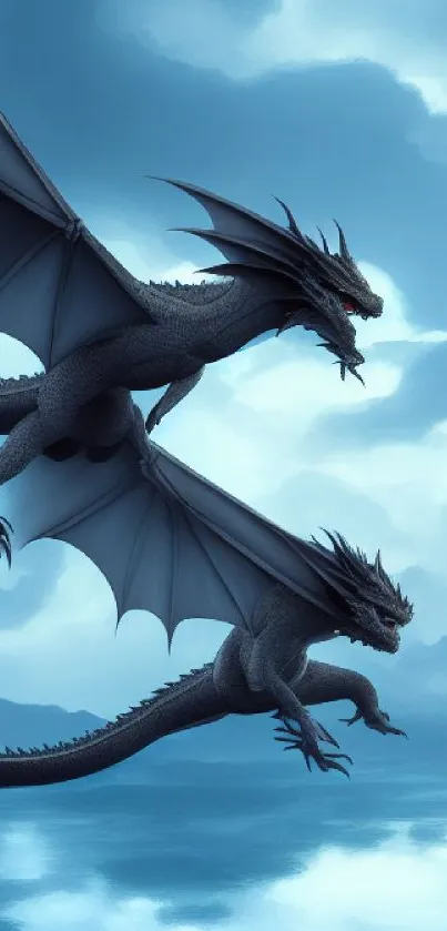 Two dragons flying over a serene ocean with sky blue tones.