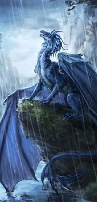 A majestic blue dragon perched on a rocky cliff under rain.