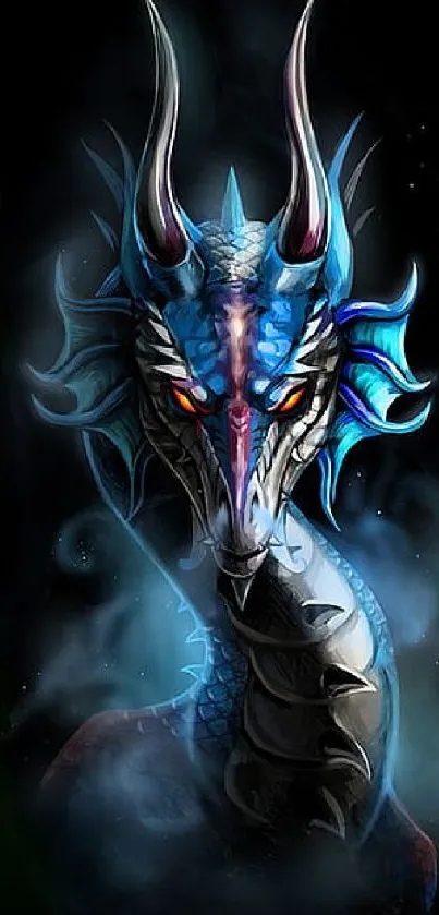 Mystical blue dragon with glowing eyes under a dark background.