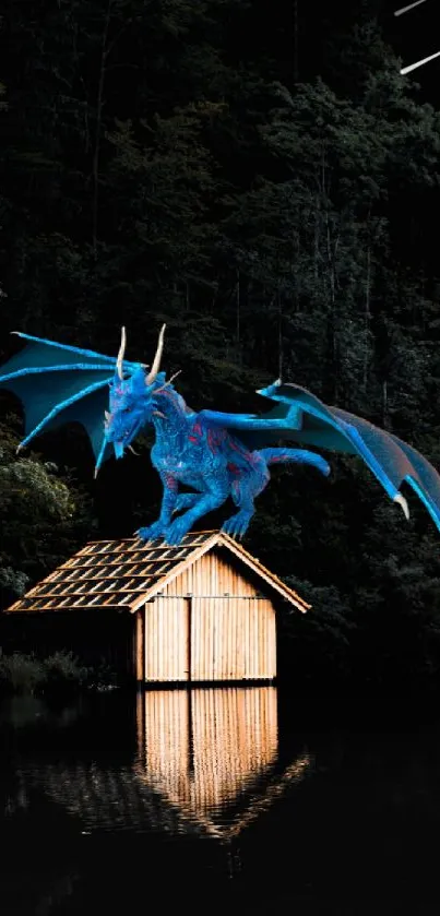 A blue dragon perched on a cabin roof by a tranquil lakeside.