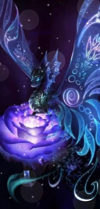 Mystical blue dragon atop a glowing purple rose in a magical setting.