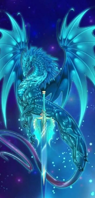 Blue dragon with luminous wings and a sword on a cosmic background.