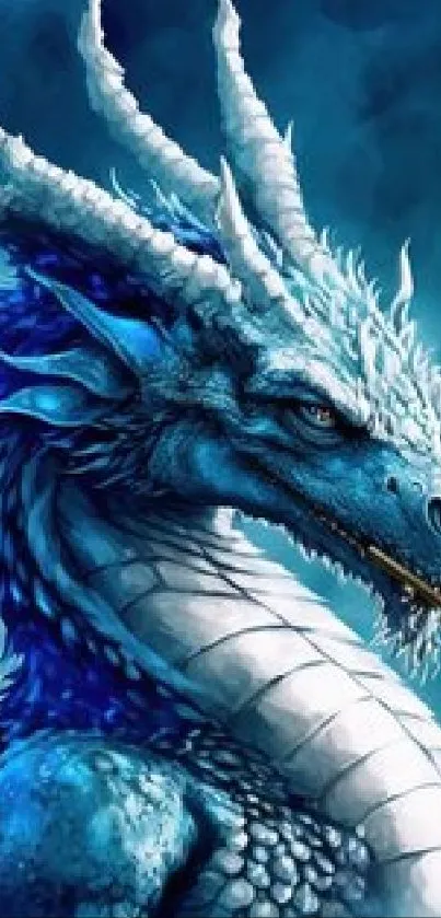 Blue dragon breathing mystical flames in a captivating fantasy scene.