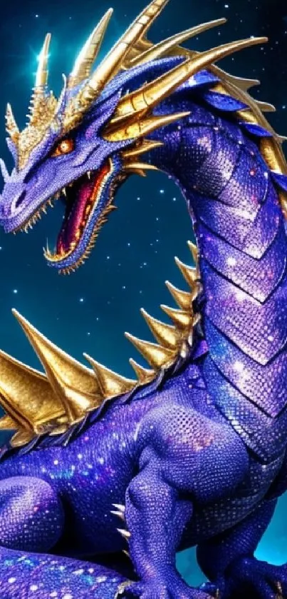 Vibrant blue dragon with golden accents against a starry celestial background.