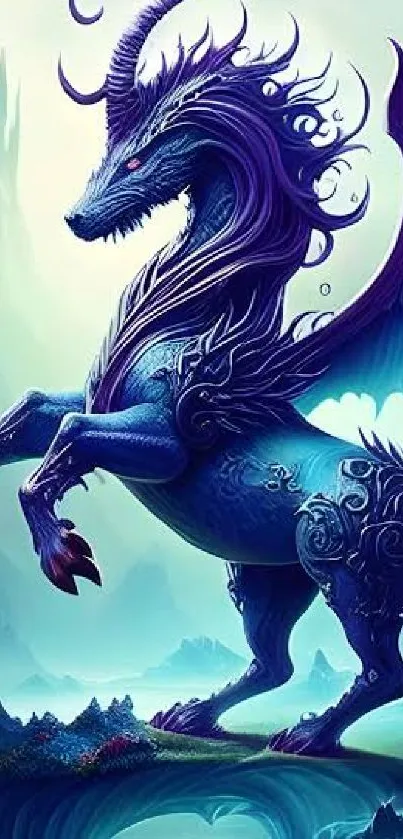 A mystical blue dragon stands against a fantasy landscape.