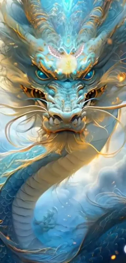 Mystical blue dragon in a cloudy fantasy sky wallpaper.