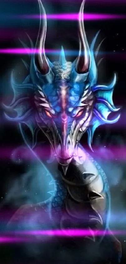 Mystical blue dragon with glowing eyes on a dark background.