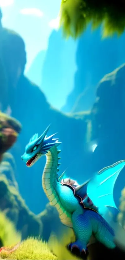 Mystical blue dragon in a serene mountain landscape.