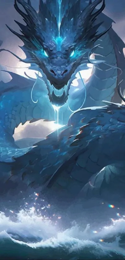 Blue dragon with glowing eyes over ocean waves.