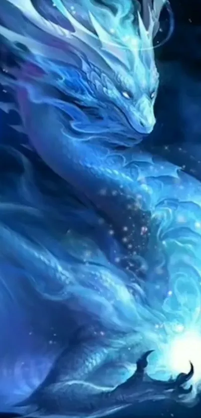 Ethereal blue dragon art with magical aura, perfect for mobile wallpaper.