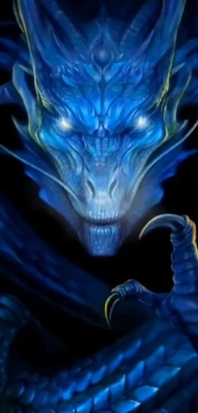 Eerie blue dragon with glowing eyes on a dark background.