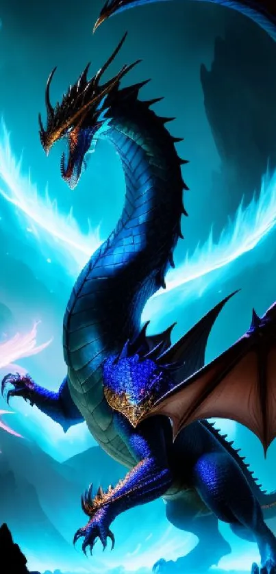 Vibrant blue dragon in a mystical fantasy setting, perfect for mobile wallpaper.