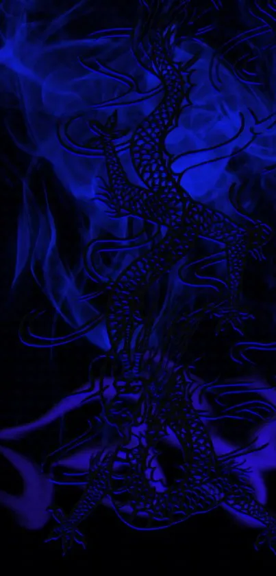 Intricate blue dragon with smoke on dark background.