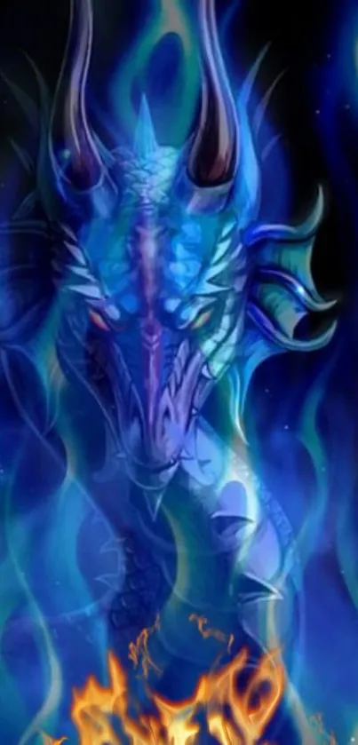 Vivid blue dragon in flames for phone wallpaper.