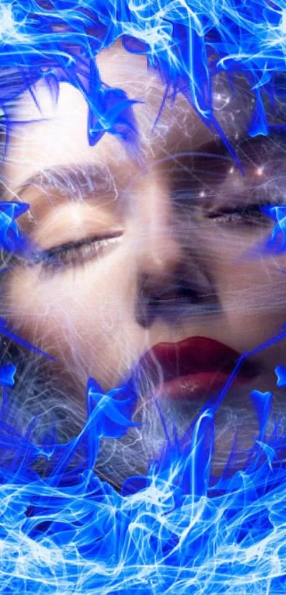 Ethereal face surrounded by vibrant blue fractal patterns for a dreamy mobile wallpaper.