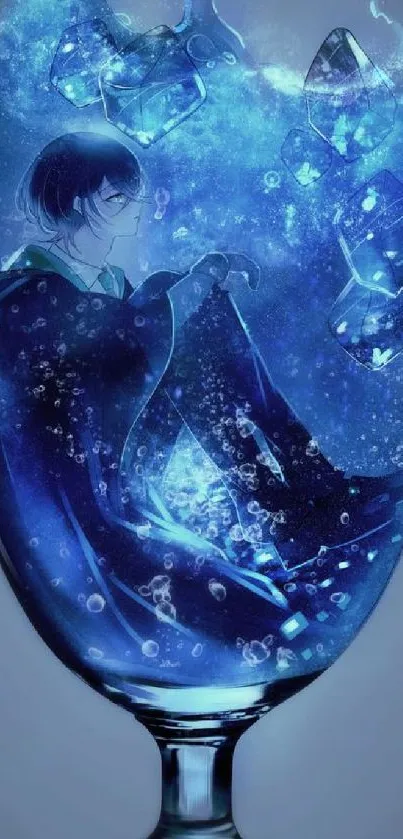 Blue dreamlike anime character inside a glass with floating crystals.