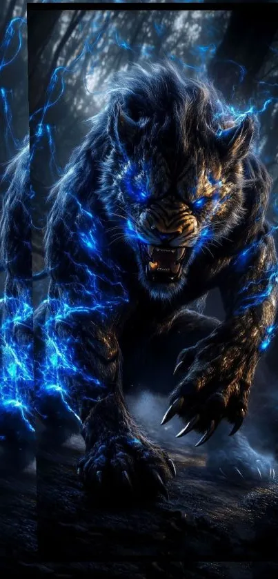 Mystical blue wolf with electric energy in forest wallpaper.