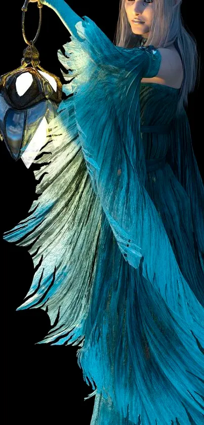 Ethereal elf with lantern in flowing blue gown mobile wallpaper.