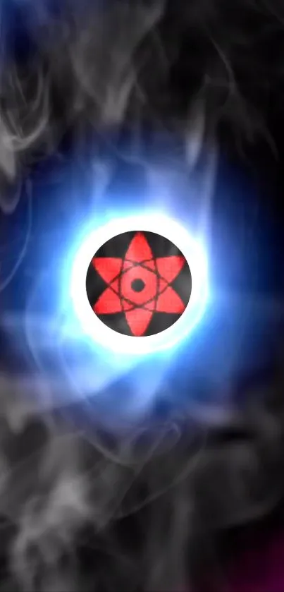 Blue mystical energy symbol with red center on dark background.