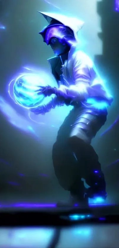 Mystic character with glowing blue energy on a fantasy mobile wallpaper.