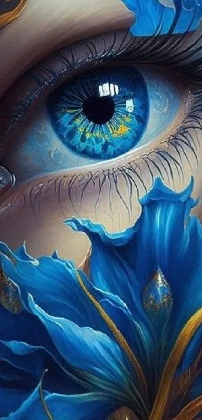 A mystical blue eye with surrounding vibrant floral patterns.