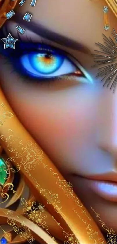 Mystical artwork featuring a blue eye with ornate golden accents.