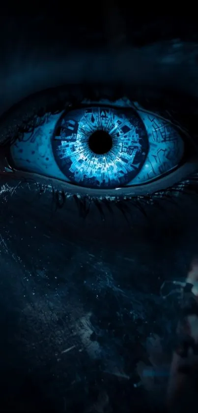 Close-up of a mystical blue eye on a dark background.