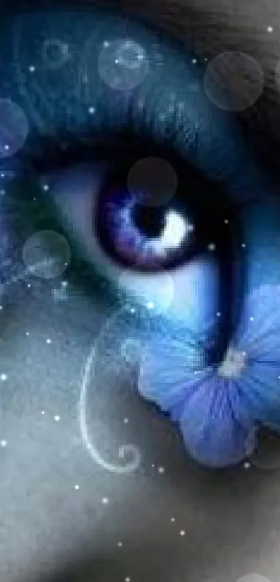 Close-up of a mystical blue eye with floral elements in a fantasy style.