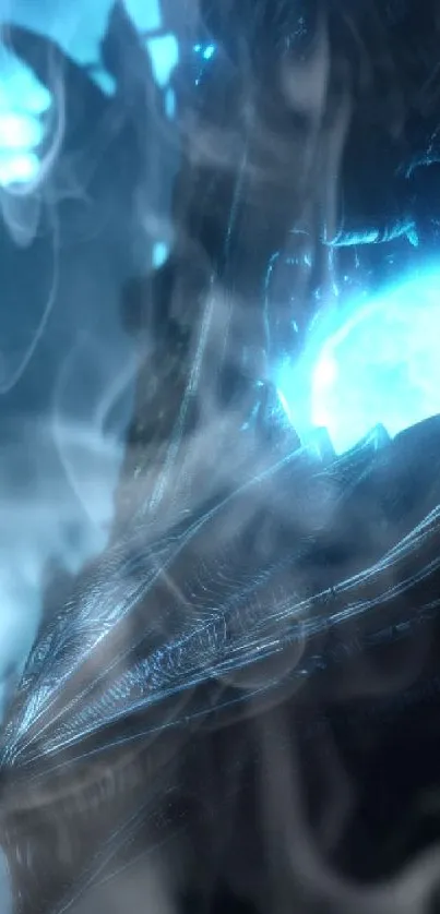 Mystical dark blue fantasy wallpaper with glowing eye.