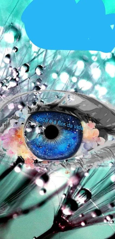 Mystical blue eye with floral design on turquoise background.