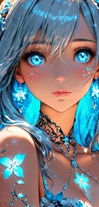 Anime character with mystical blue eyes and vibrant colors.