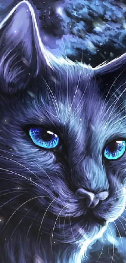 Mystical cat with glowing blue eyes in dark blue setting.