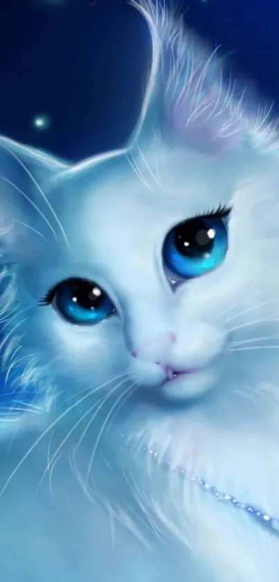 White cat with blue eyes on a mystical night background wallpaper.