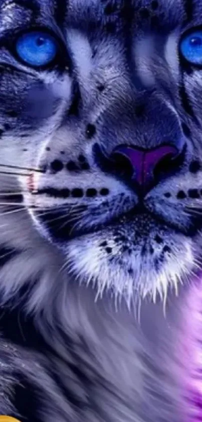 Digital art of a blue-eyed leopard with a mystical purple hue.