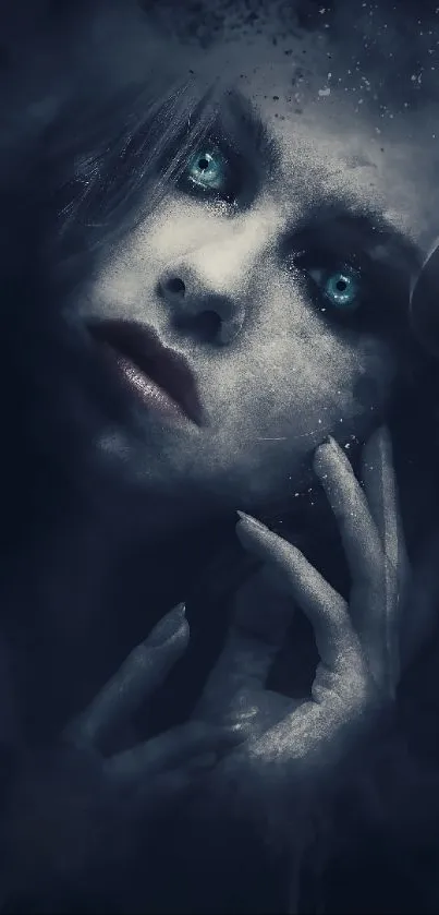 Mystical portrait of a woman with blue eyes in dark shades.