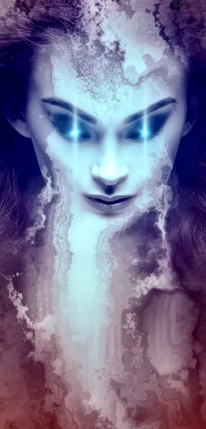 Mystical portrait with glowing blue eyes on a dark purple background.