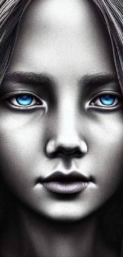 Digital portrait with mystical blue eyes and gray tones.