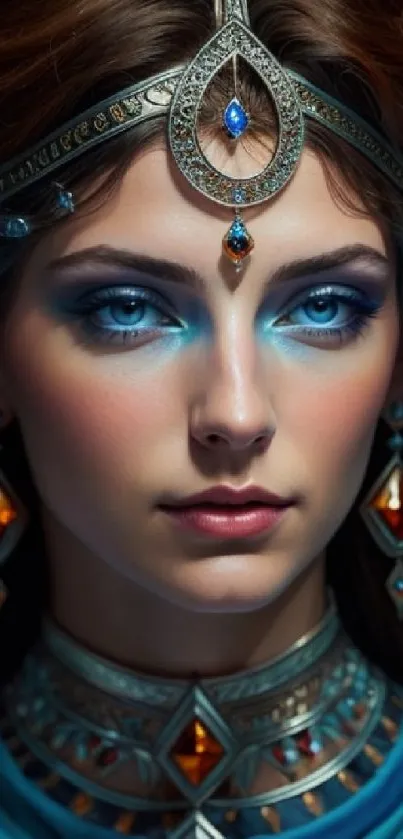 Mystical blue-eyed woman with ornate jewelry, perfect for wallpaper.