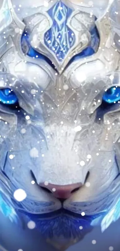 Mystical white tiger with blue eyes and snowflakes on a digital wallpaper.