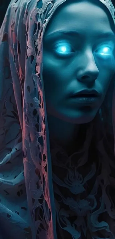Mysterious figure with glowing blue eyes and veil.