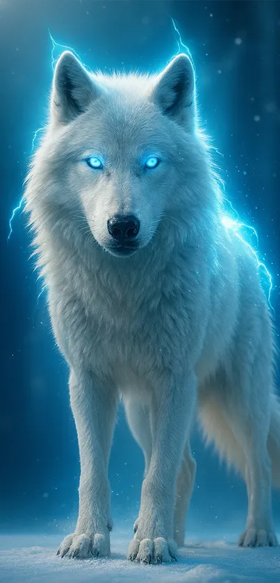 Fantasy wallpaper of a mystical, blue-eyed white wolf glowing in a dark setting.