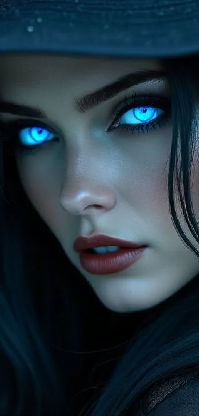 Woman with glowing blue eyes and dark attire.