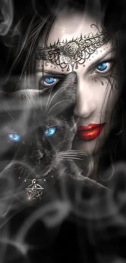 Mysterious woman with blue eyes and black cat, enveloped in smoke.