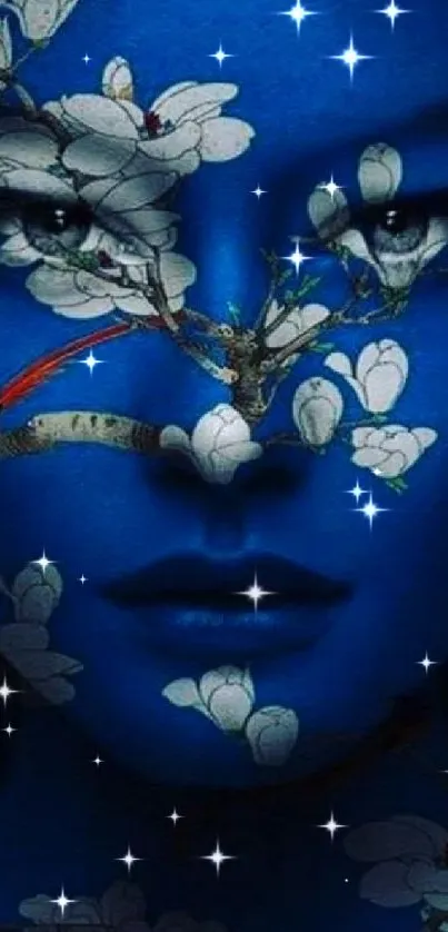 Mystical blue face with flowers and stars on a mobile wallpaper.