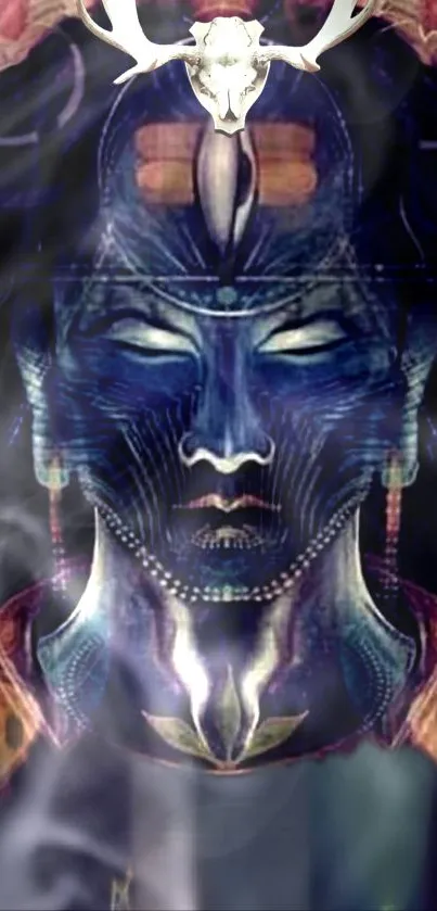 Mystical blue cosmic face digital art wallpaper with glowing elements.